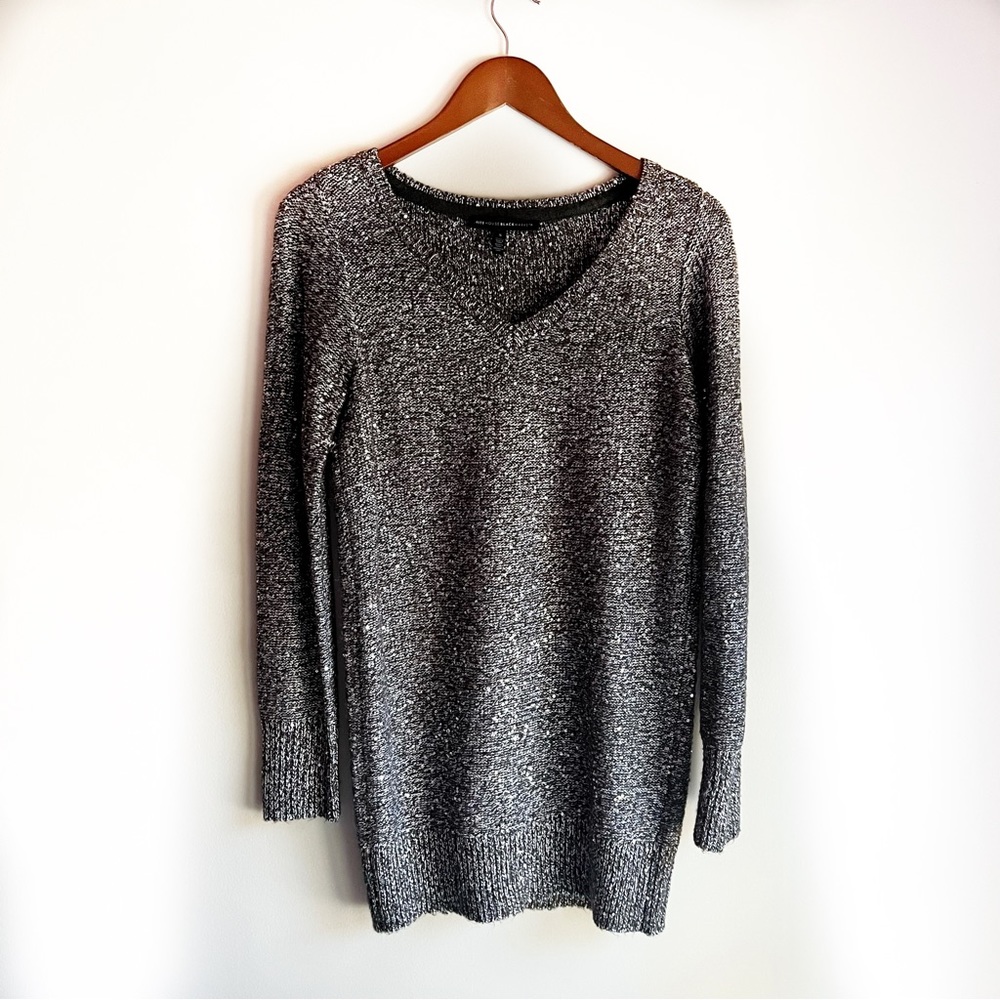 White House Black Market sequin knit V neck sweater grey silver size small